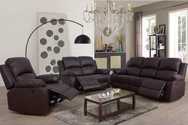 Brand New Brown Leather Reclining Sofa Loveseat & Chair