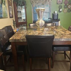 Big Dining Room Table Wooden Legs Marble Top With 6 Chairs Brown In Color Asking $500 Or Best Offer 