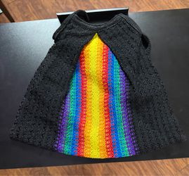 Black Crochet Straw Tote Bag with Rainbow Stripe Accent & Handles