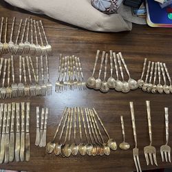 Vintage Antique Thailand Bamboo Gold Tone (Brass?) 85 Piece Flatware Set