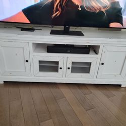 Farmhouse Distressed White TV Stand – Fits Up to 85" TV