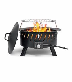 R4) 24 inch Portable Propane Fire Pits with Grill Gas Fire Pit Bowl for Outside with Lid & Handle, Propane Fire Pit for Camping, Smokeless Gas Firebow