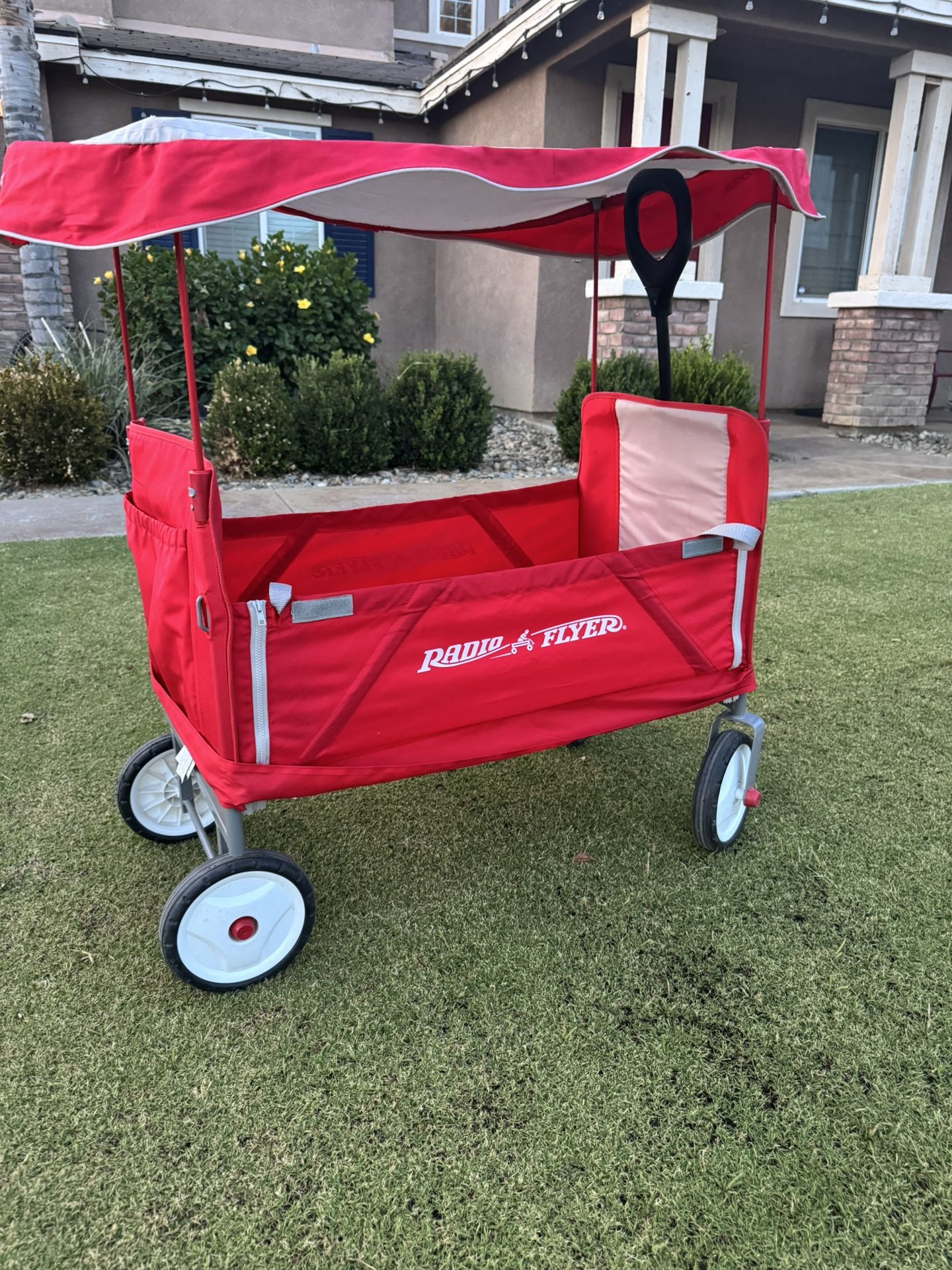 Radio Flyer 3 in 1 EZ Fold Stroller Wagon with Canopy and Adjustable Handle, Red