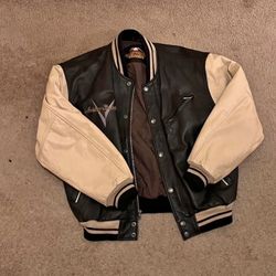 Vintage Harley-Davidson Leather Varsity Jacket Classic Motorcycles V-Twin Embroidered Black Tan SZ M 🔥🔥🔥