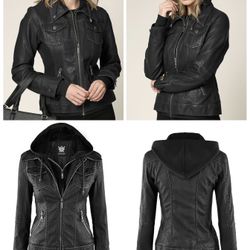 Women’s Clothing Lock & Love Black Faux Leather Moto Biker Jacket With A Removable Hood Size Women’s Small Also Fits A Size 14/16 Girl