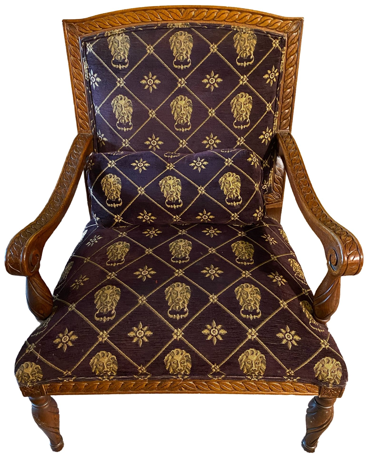 Antique Vintage Arm Chair Purple Yellow Lion Print Royal w/ Pillow