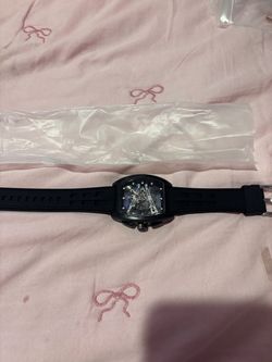 Black Skeleton Dial Watch with Rubber Strap