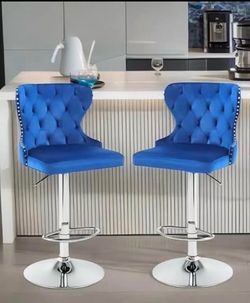 Set of 2 Adjustable Swivel Bar Stools, Velvet Upholstered Counter Height Chairs with Nailhead Trim,