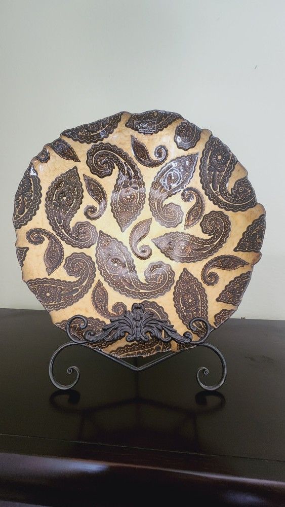 Large Glass Plate Copper Paisley Print Decorative Center Piece 15 Inches Bowl With Stand