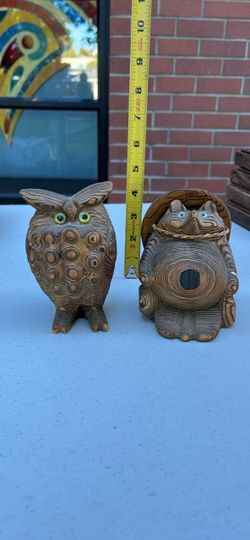Wood-Carved Owl and Tanuki Figurine Set