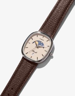 Timex Noah Moon Phase Dress Watch Brown Leather Strap Silver Square