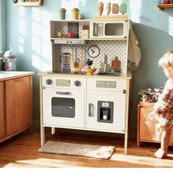Wooden Play Kitchen for Kids with Working Sink & Faucet Toy