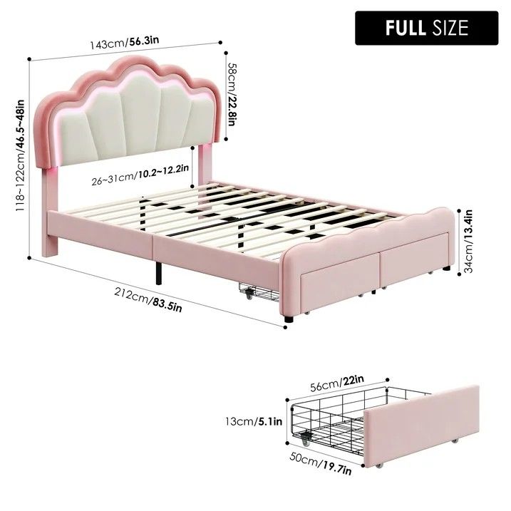 Full size LED HOS-UP-037.AHN1037765
Full Size LED Bed Frame with Storage Drawer, Velvet Upholstered Platform Bed with Adjustable Petal Headboard, Pin