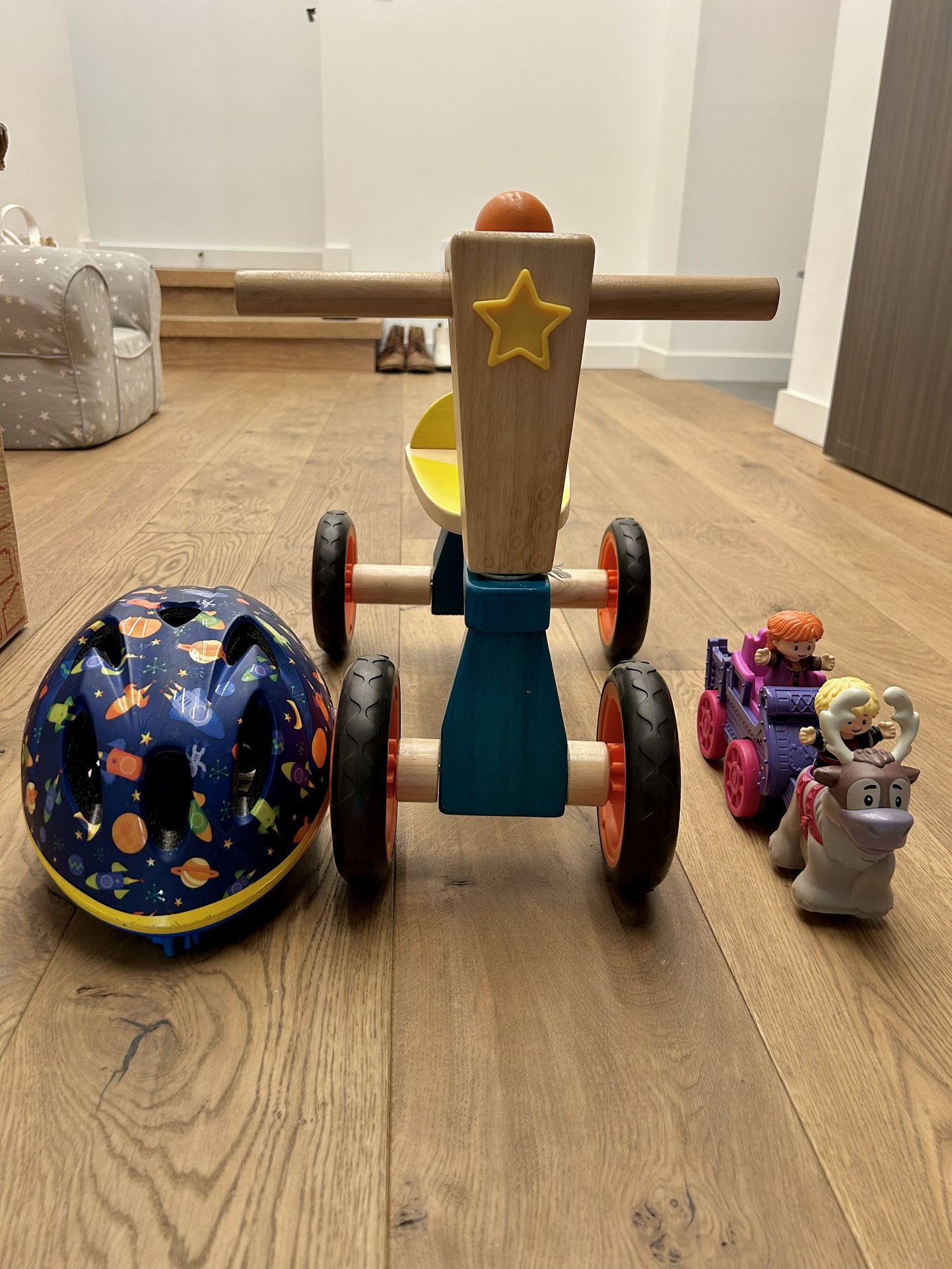 Wooden Toddler Bike, Bike Helmet (1-3yrs), Fisher Price Frozen Car Toy