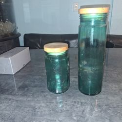 2 Green Glass Containers 
