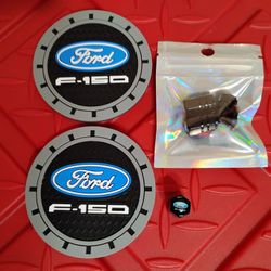 Ford F-150 Car Cup Coasters and Tire Valve Caps NEW 
