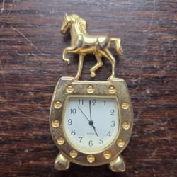 Miniture Unique Collectible Horse Lover's Quartz Desk Clock, Gold Tone Finish