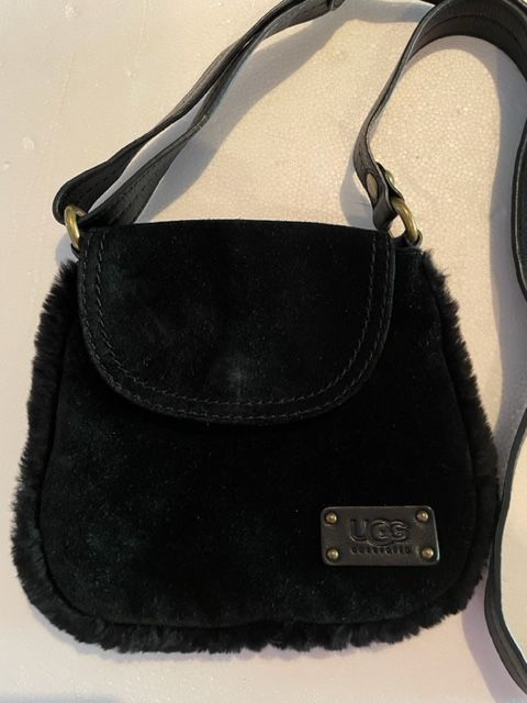 Ugg Australia Small Cross Body Black Suede Leather Purse Shearling Trim
