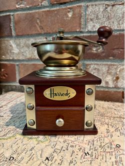 Vintage Harrods of London Manual Coffee Grinder - Wood & Brass