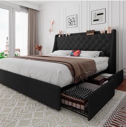 Queen Black Upholstered Bed Frame with Storage Drawers
