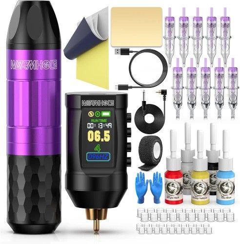 Wormhole Tattoo Gun Kit Wireless Tattoo Machine Kit Complete Tattoo Kit WITH 50 pack Assorted Needles