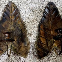 Vintage Pier One HEAVY Cast Iron Leaf Candleholder Sconce Set 10in x 15in 