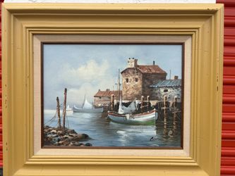 24x20 Original Harbor Scene Oil Painting