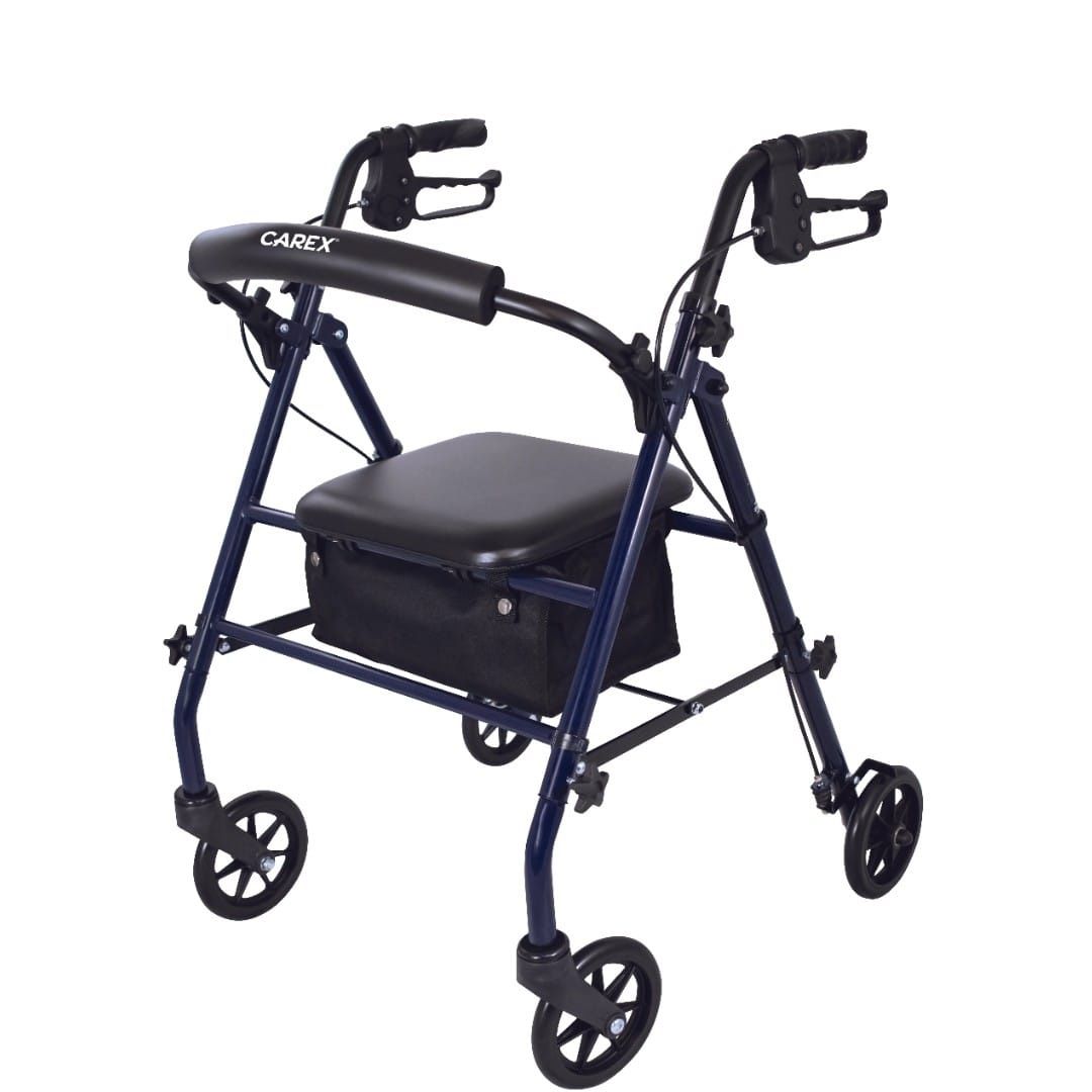 Carex Steel Rollator Transport Walker with Padded Seat, 6" Wheels & Storage Pouch, 350 lb Capacity