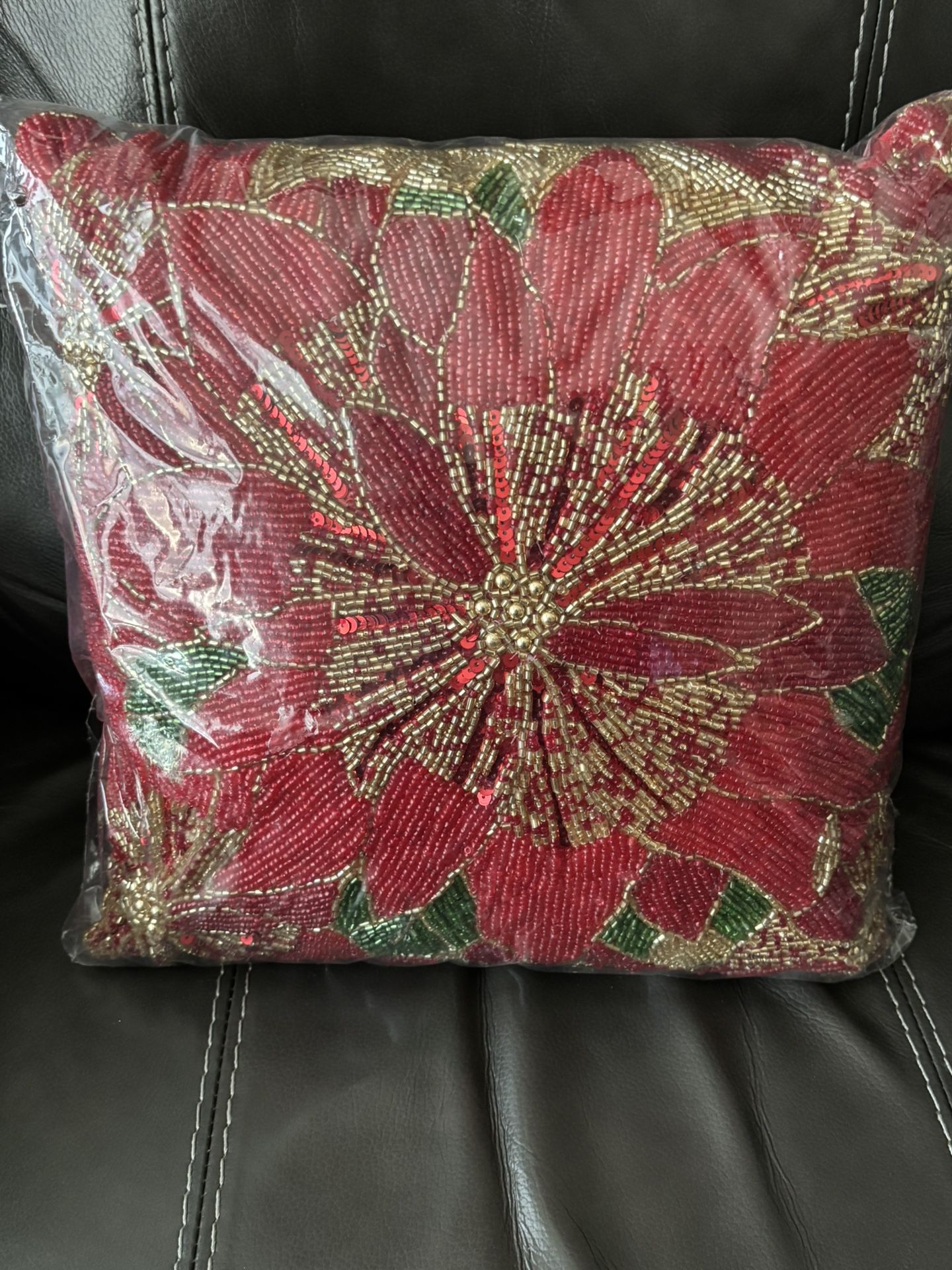Hand Beaded Poinsettia Pillow