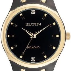  Watches Watches Elgin Elgin Men's Black and Gold-Tone Diamond Accent Watch 