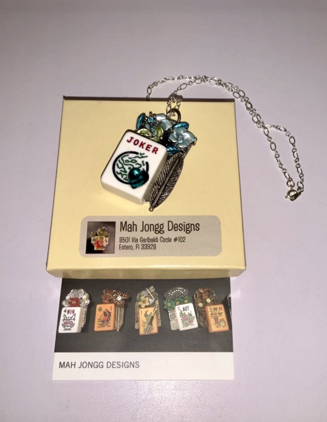Mahjong “JOKER” Tile Pendant Necklace – Teal Flowers, Feather, Silver-Tone W/Box