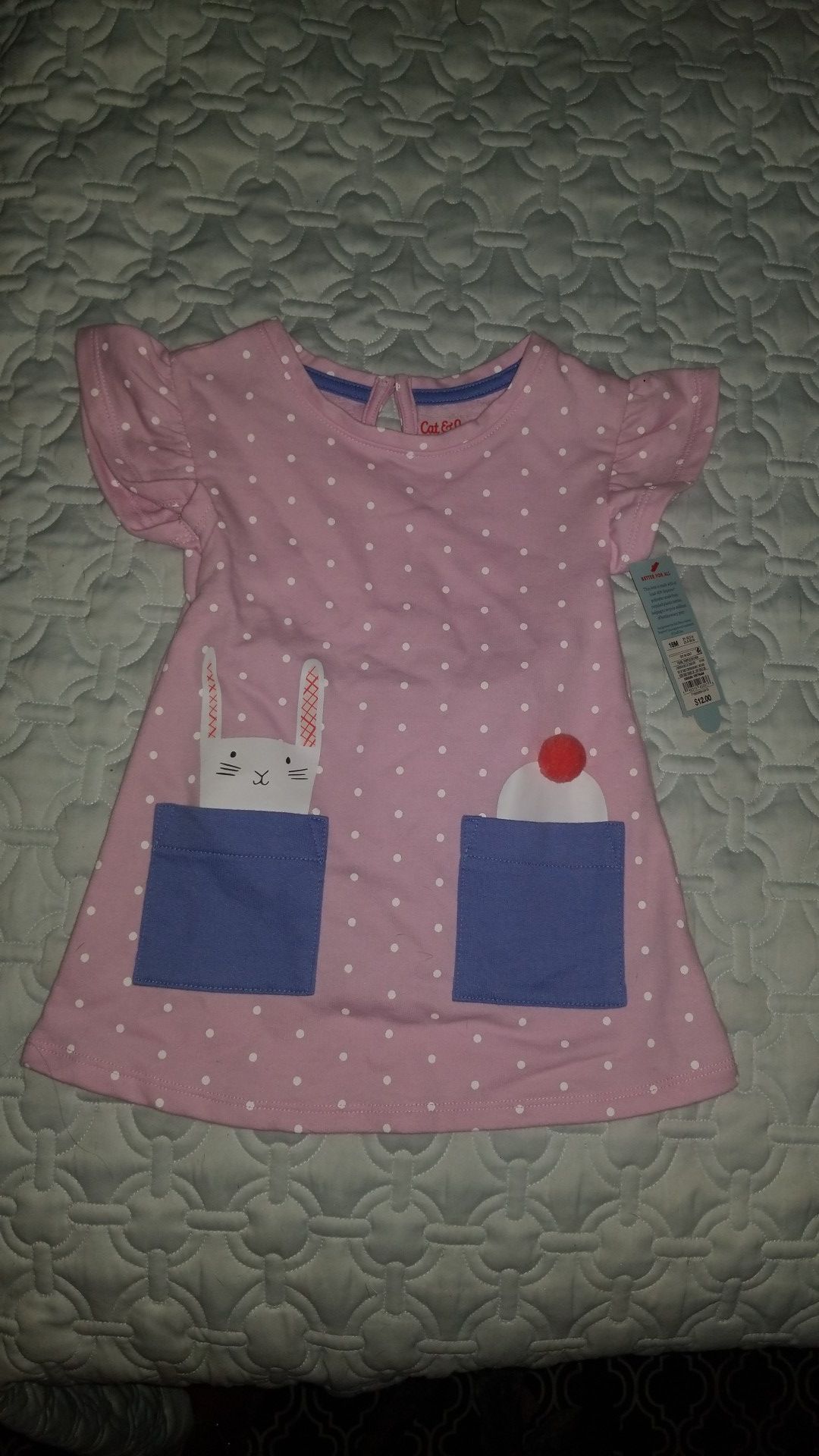 New size 18M Cat & Jack bunny rabbit flutter sleeve dress with pom pom tail 18 months nwt pink purple gift Easter