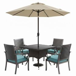 5-Piece Metal Patio Outdoor Dining Set with Rattan Woven Backrest,4 Chairs, Large Table, Umbrella Hole and Blue Cushions