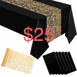 6 Pieces of 54 x 108 Inch Rectangular Table Cloths and 6 Pieces of 11 x 108 Inch Gold Foil Metallic Mesh Table Runners Polyester Cover for Weddings Th
