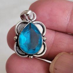 Blue Topaz Crystal Stone Silver Pendant