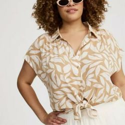 Torrid Beige Leaf Print Button Down Shirt