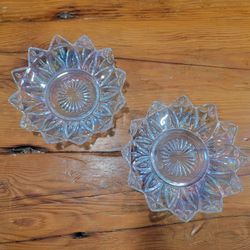 Vintage Set Of 2 Glass Scalloped Starburst Floral Glass Crystal Candy Dishes