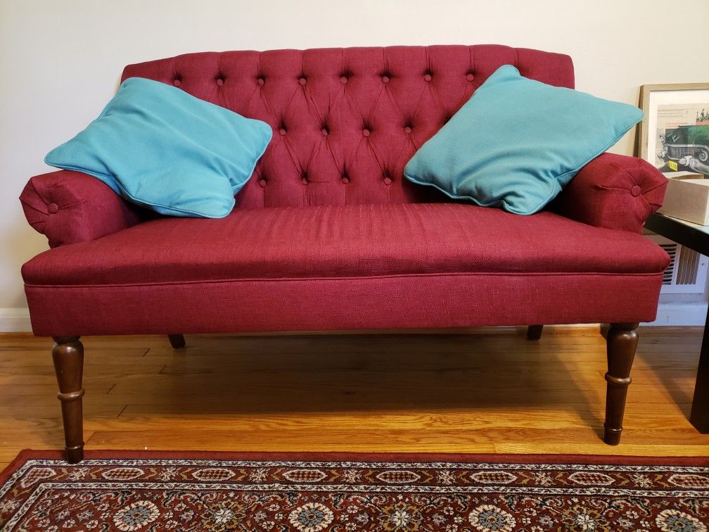 Burgundy Mid-Century sofa settee with linen fabric button tufted
