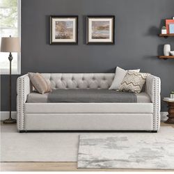 KELRIA Linen Upholstered Twin Size Daybed Trundle,