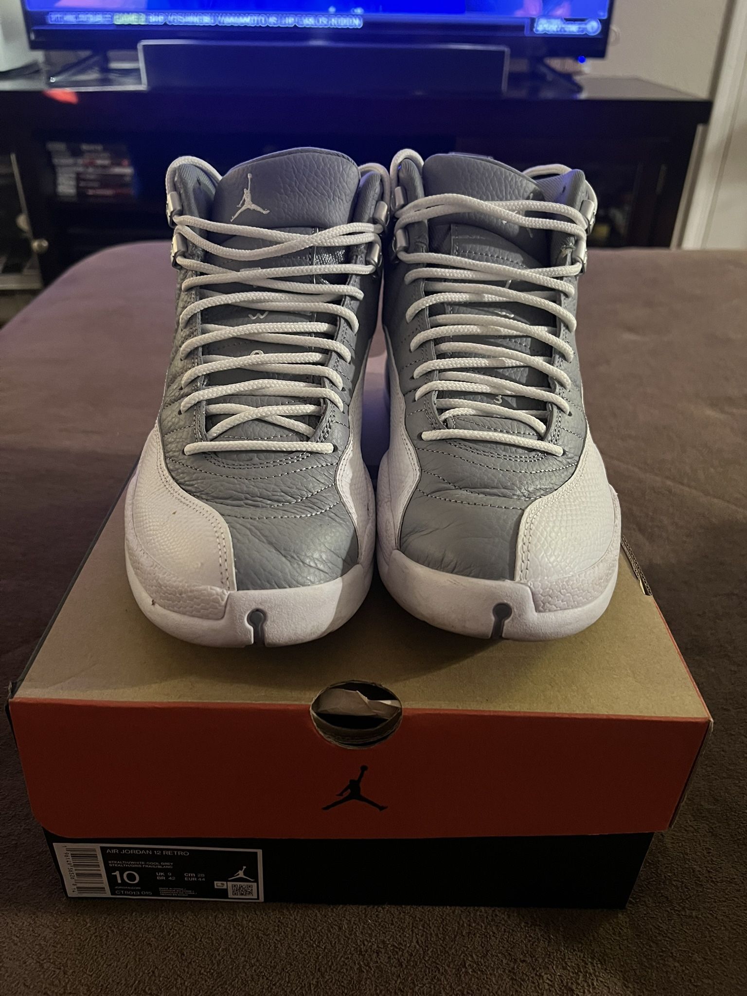 AIR JORDAN 12 RETRO STEALTH  WHITE/COOL GREY Size 10