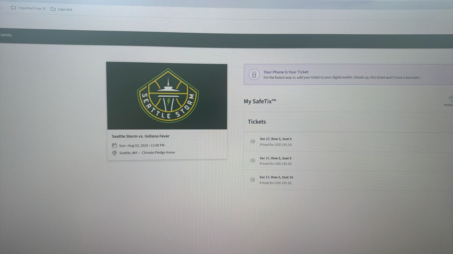 3 Fever/Storm WNBA Tickets $190 Each