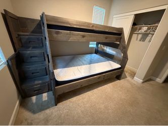 💥 Trendwood Solid Wood Twin-over-Full Bunk Bed w/ Storage Stairs + 2 Mattresses 💥