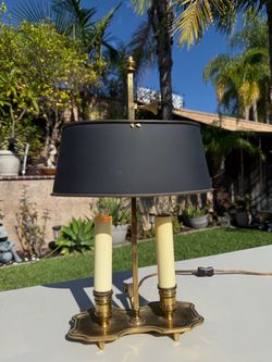 16” Vintage 2 Arm Candlestick Brass Bouillotte French Style Table Lamp - Black Metal Shade Gold Tone