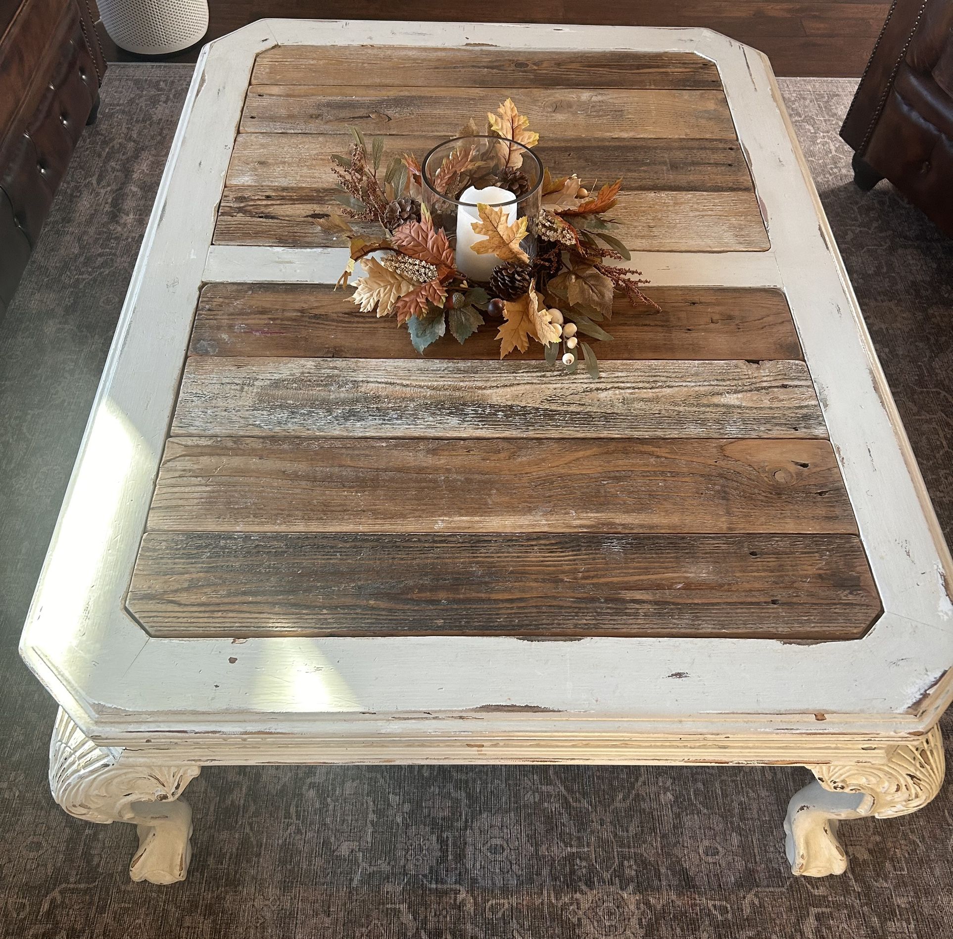 Coffee Table – Distressed Wood + Ornate Legs