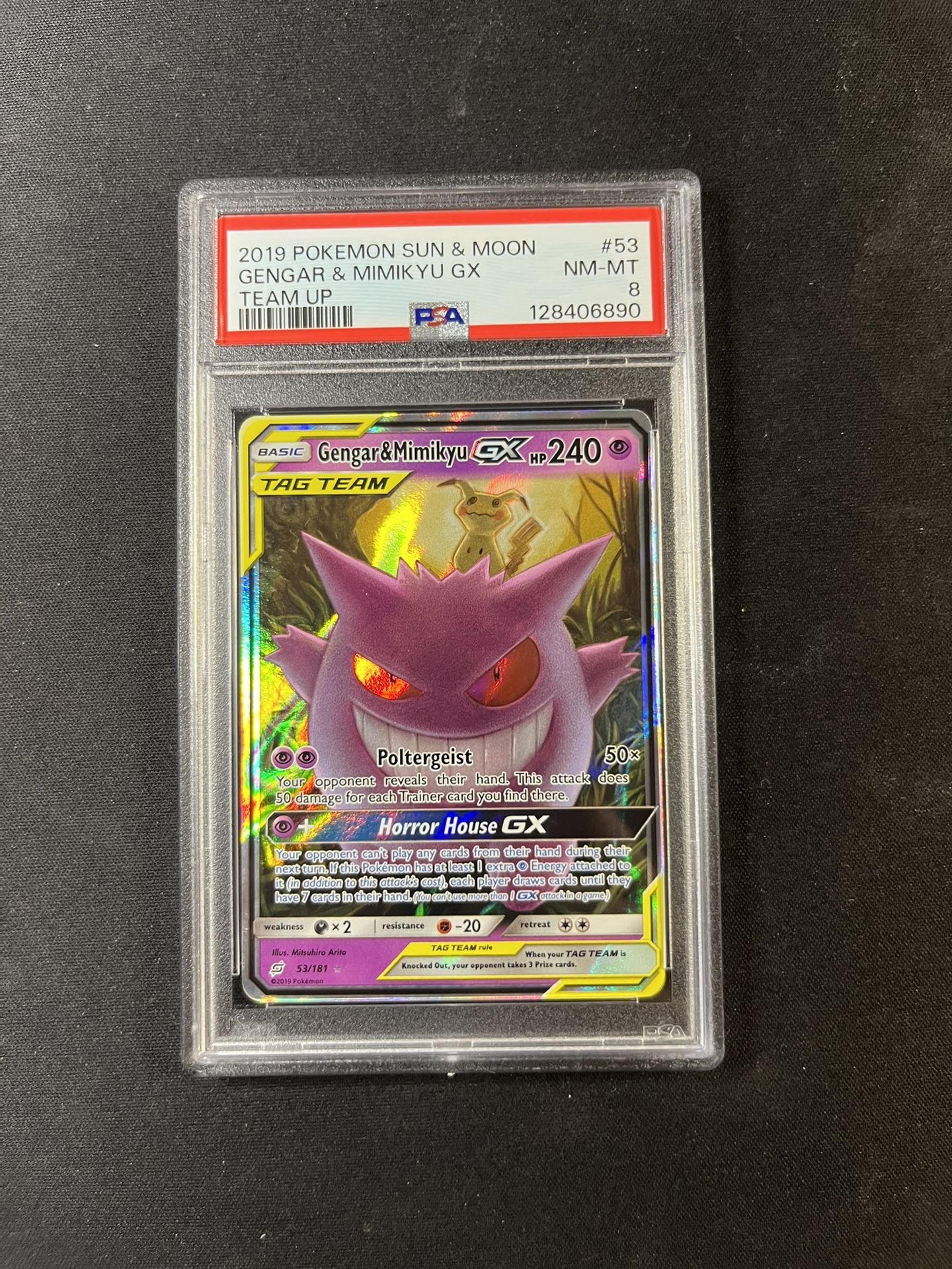 2019 Pokemon Sun & Moon Team Up 53 Gengar & Mimikyu Gx PSA 8
