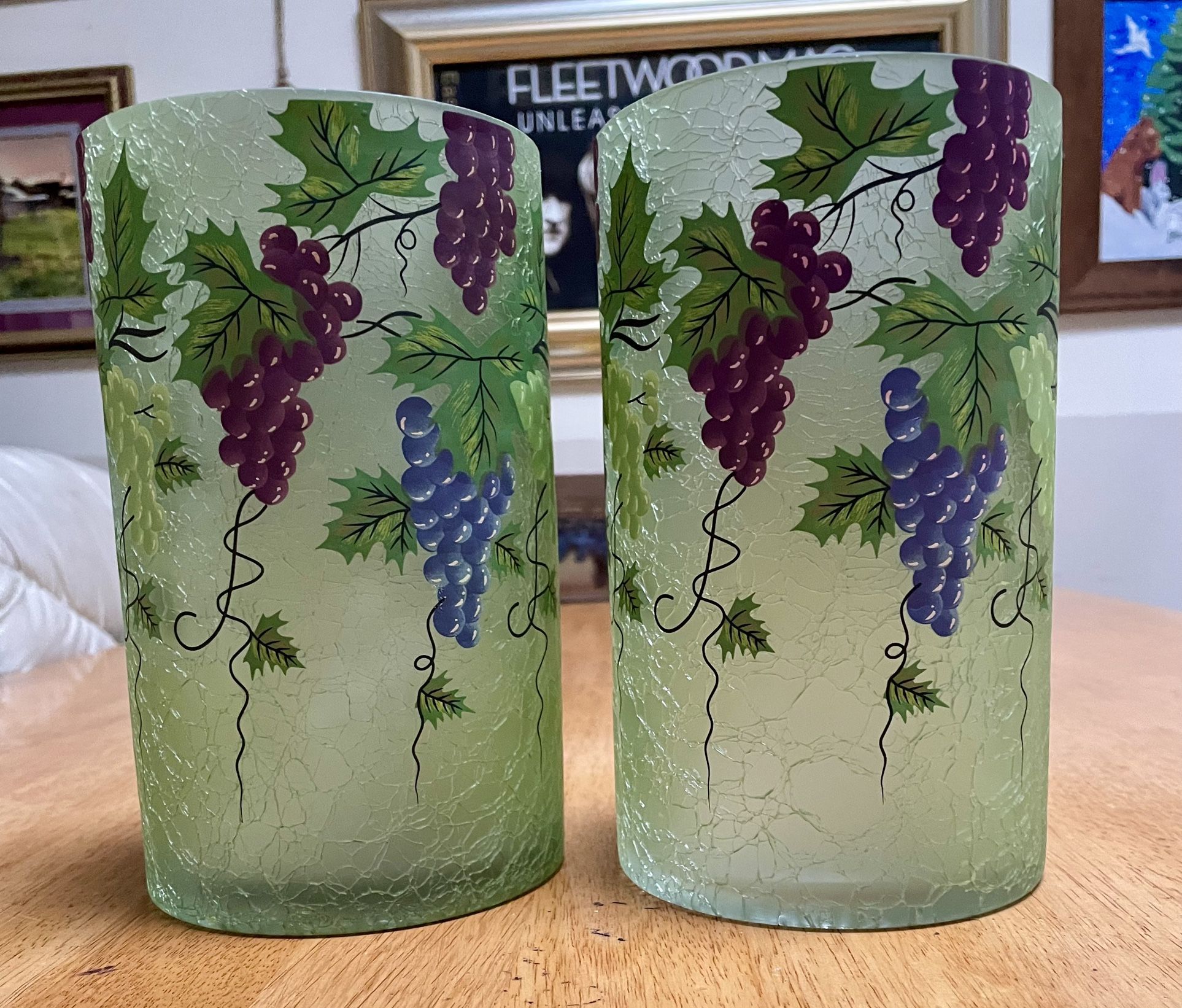 A Set Of 8 Inch Tall, Handpainted Glass Cylinder With Tea Lights