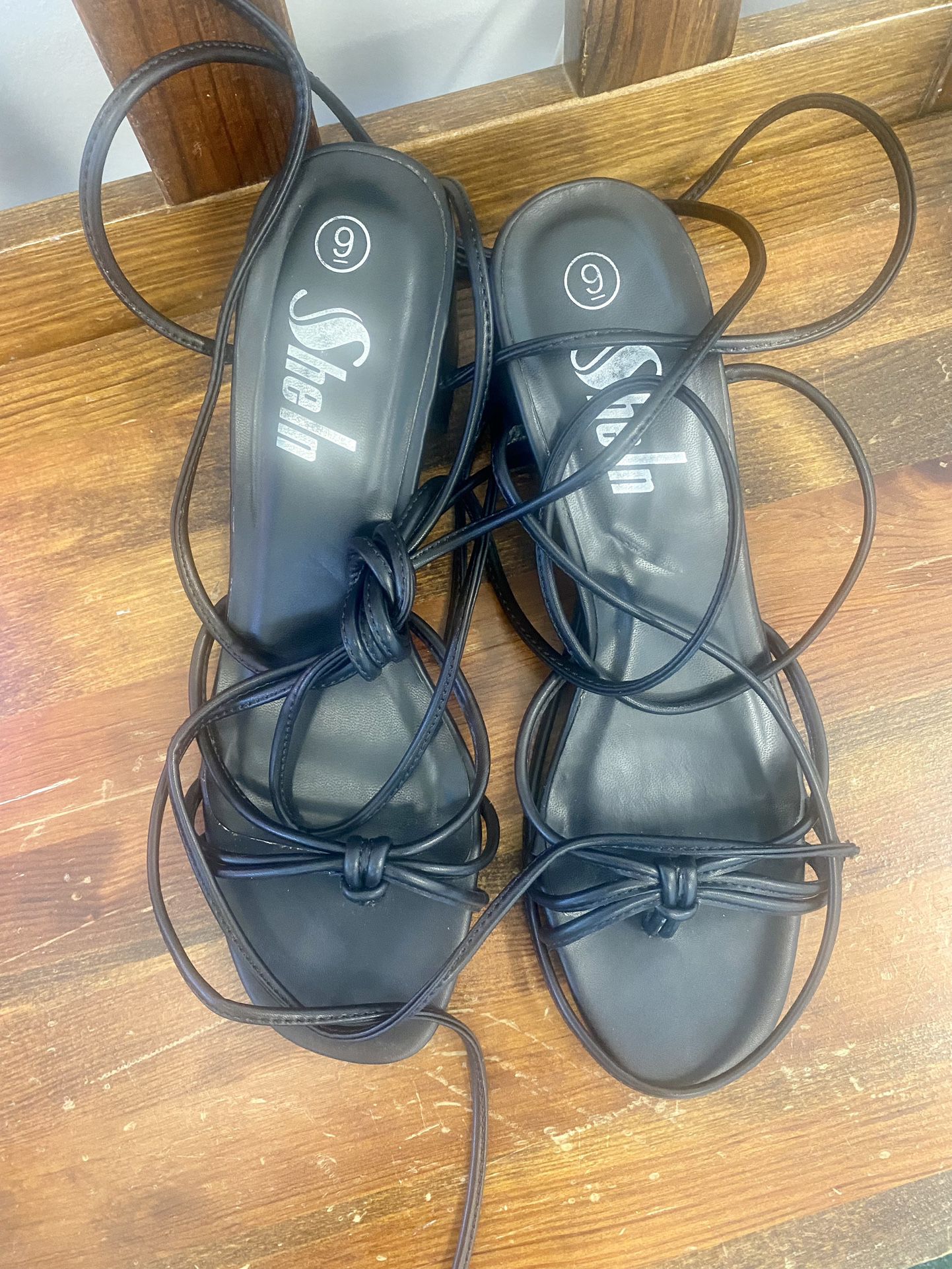 Super Strappy Black Sandals with Chunky Heel Size 9