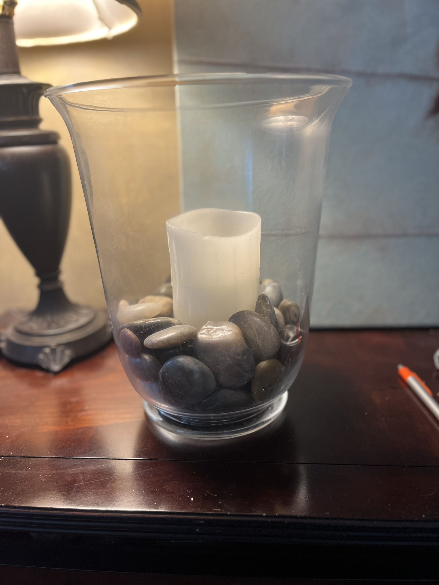 Glass Holder with Rocks and Battery Candle 