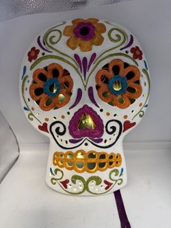 Day of the Dead Sugar Skull LED Light Up Wall Decor Glitter Halloween 12.5”
