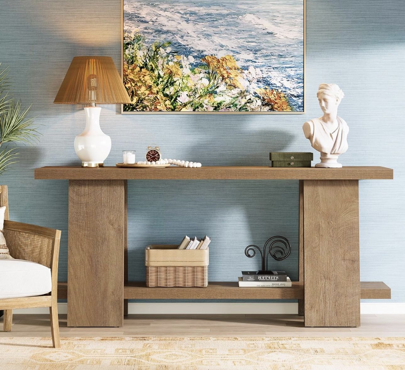 RY0257 70.9-Inch Long Console Table, 2-Tier Narrow Sofa Table Behind The Couch for Living Room, Entryway, Hallway (Natural)